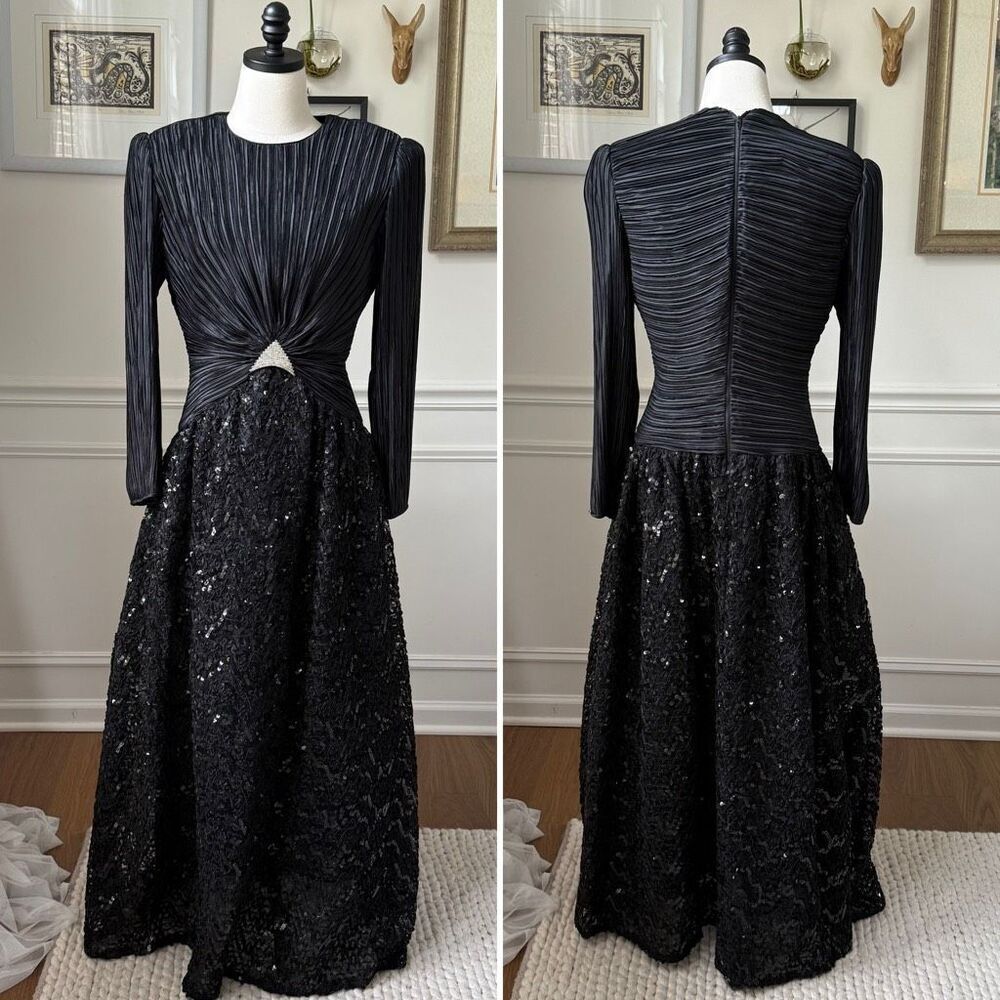Vintage Lillie Rubin George F Couture Formal Gown Plisse Sequins Black 8 10 M